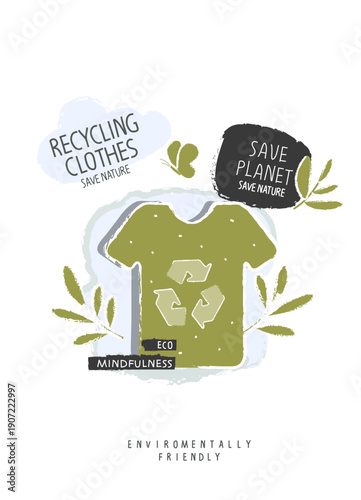 Vector cartoon sketch of recycled clothes sign with green leaves. Environmentally friendly planet concept. Think Green. Protect the World from pollution concept.