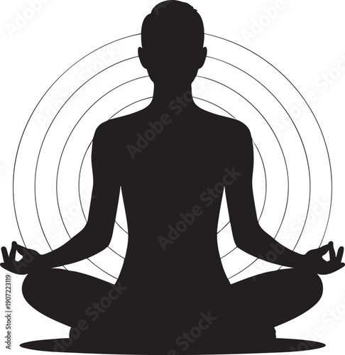 Silhouette meditating person with concentric circles radiating outward representing mind-body connection and peacefulness