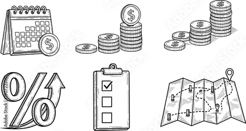 Financial planning icons illustration, budgeting calendar, savings coins stack, investment growth, percentage performance, checklist goals, strategic roadmap, wealth management concept