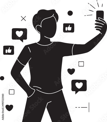 Person taking selfie with social media icons, likes and hearts, technology concept illustration