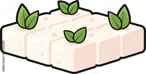 Tofu Cubes with Fresh Green Leaves Flat Vector Illustration Isolated on White Background