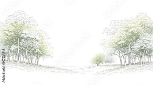 "Minimalist landscape illustration with clusters of soft green and gray trees forming a tranquil clearing, ethereal natural scenery evoking calm, balance, and peaceful beauty for design, art, and crea