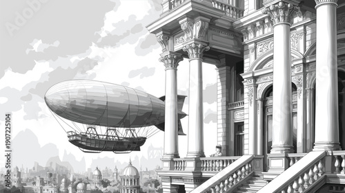 Steampunk airship flying beside ornate classical building, retro futuristic city skyline illustration with vintage dirigible and historic architectural fantasy scene