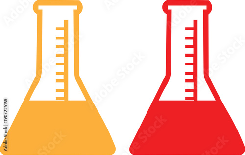 Two colored laboratory volumetric flasks with measurement markings
