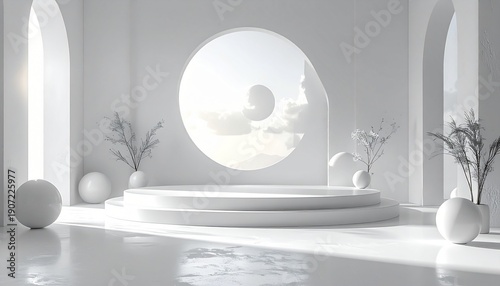 Minimalist White Interior with Circular Window and Product Display Platform.