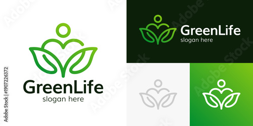 PrintSimple green life logo design template illustration. Plant leaf logo with heart love and people design graphic vector. Symbol, icon, creative.