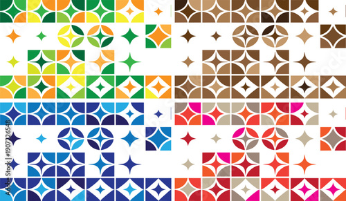 Vibrant geometric patterns in diverse color palettes showcase dynamic design elements