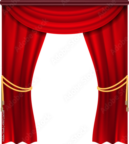 Opening drapery. Red velvet frame. Show theater