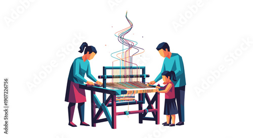 A loving family of a father, mother, and daughter work together on a traditional loom, weaving a vibrant tapestry with colorful threads that rise magically.