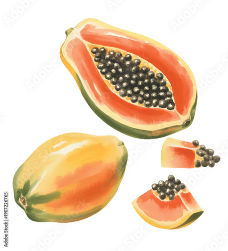 Sweet papaya fruit set with vibrant flesh and seeds in watercolor painting.