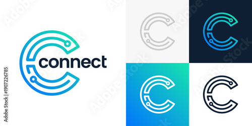 Technology connection logo design template illustration. Initial letter C logo with abstract dot, molecule and network system design graphic vector. Symbol, icon, creative.