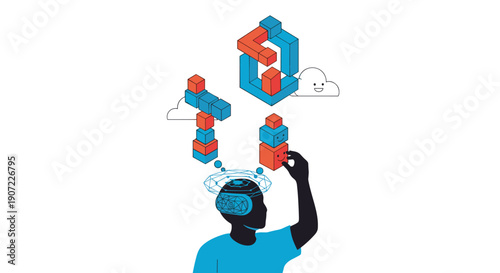 A person wearing virtual reality goggles interacts with complex, floating isometric blocks, illustrating concepts of digital creation, problem-solving, and building in the metaverse.