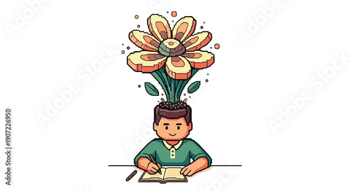 A creative pixel art character writes in a notebook while a large, beautiful flower blossoms from their head, symbolizing inspiration, imagination, and the growth of ideas.
