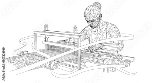 A wireframe illustration of a woman working at a traditional loom, blending historical craft with a modern digital aesthetic to symbolize the evolution of creation and industry.