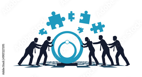 A silhouette of a business team works together to push a large, complex circular mechanism, with flying puzzle pieces representing the challenges and solutions of collaboration.
