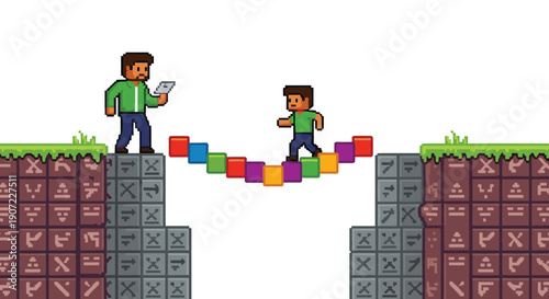 A pixel art character uses a tablet to guide a child across a bridge made of colorful blocks, symbolizing mentorship, guidance, learning, and overcoming challenges together.