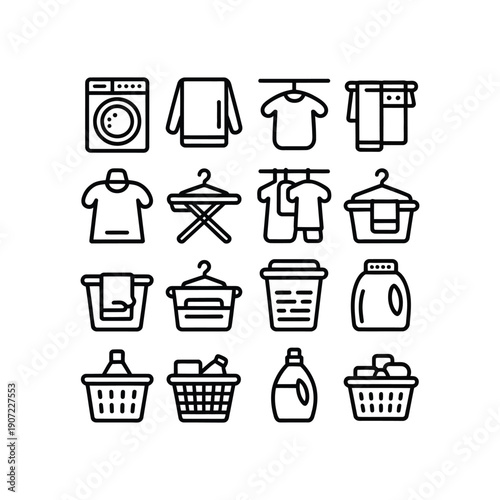 A collection of laundry icons including washing machines, clothes, hangers, and baskets on a white background.