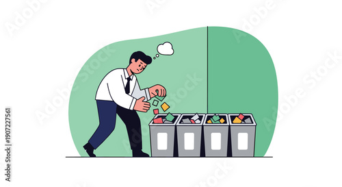 A thoughtful businessman carefully sorts various colorful blocks into separate bins, representing data classification, organization, recycling, and strategic resource allocation.