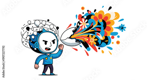 A determined character with a mind of monochrome ideas breaks an egg to unleash a vibrant explosion of colorful creativity, symbolizing a breakthrough and unlocking potential.