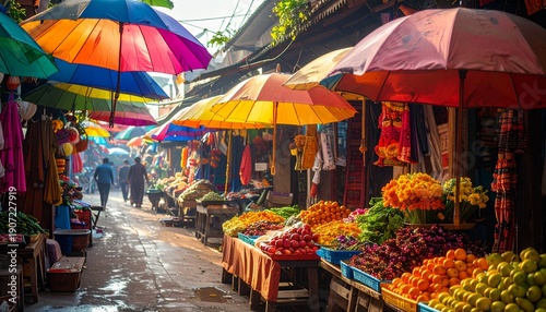 Wallpaper Mural Vibrant Market Scene - Colorful Umbrellas and Fresh Produce Abound. Torontodigital.ca