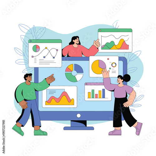 A diverse group of people analyzing colorful graphs and charts on a large computer screen in a collaborative workspace