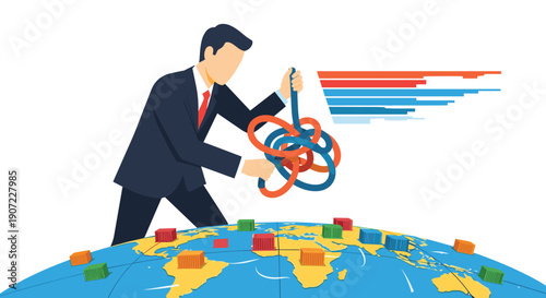 A businessman stands over a world map with shipping containers, untangling a complex knot of ropes, symbolizing solving global supply chain and logistics problems.