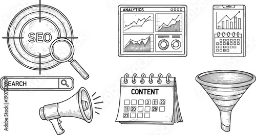 Digital marketing icons illustration, SEO target magnifying glass, search bar, content calendar, analytics dashboard, mobile device chart, funnel conversion, online strategy concept
