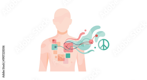 Abstract shapes, flowing lines, and a peace symbol emerge from a person's chest, symbolizing inner peace, emotional wellbeing, and the harmony of mind and body.