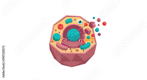 A low-poly, isometric illustration of a biological cell breaking apart, representing concepts of cell death, disease, decay, or cellular division and transformation.