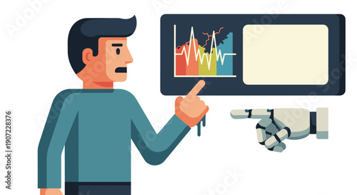 A man points at a complex financial data chart while a robot hand also points, symbolizing the collaboration between human analysis and artificial intelligence in data science.