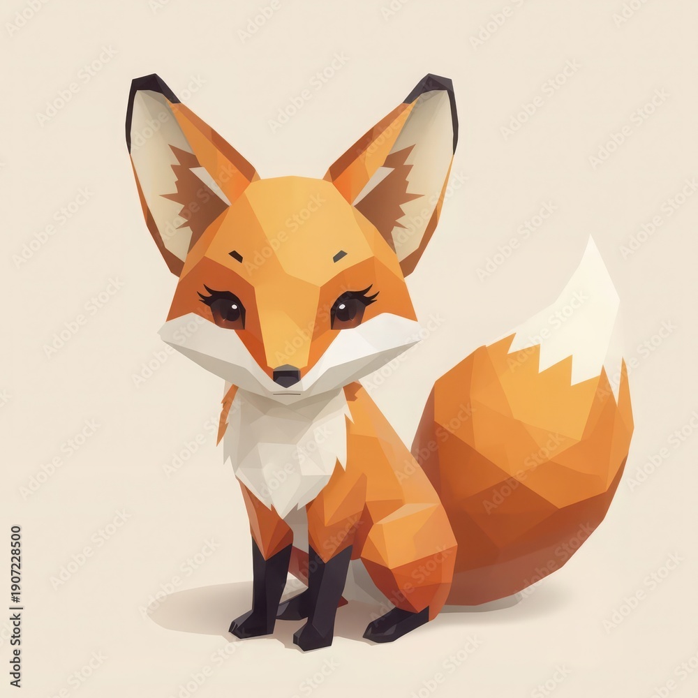 Fototapeta premium Geometric illustration of a cartoon red fox with orange and white fur.