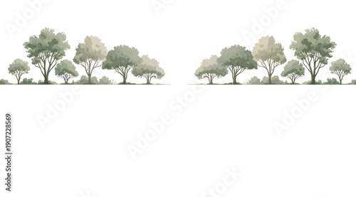 "Symmetrical clusters of muted green and beige trees arranged with a central blank space, minimalist natural design evoking calm, balance, and harmony for decorative, botanical, and creative art proje