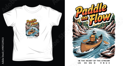 Canoeist paddling on river with rocky mountains and trees