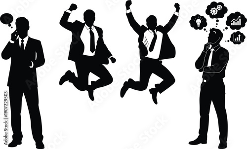 Silhouettes of businessmen in various poses celebrating success