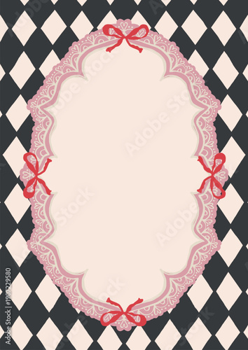 Vintage greeting card template with a blank lace oval frame and red bows on a black and white harlequin diamond background. Elegant yand drawn invitation for party or wedding. Vector design