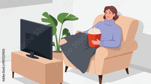  Woman relaxing at home watching television while eating popcorn, illustrating leisure time, home entertainment, comfort, relaxation, weekend lifestyle and indoor activity concept