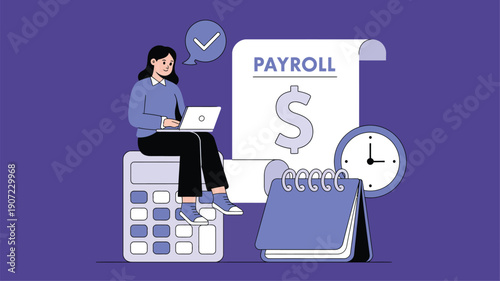  Payroll management concept illustration with employee working on laptop, salary calculation, payment schedule, financial accounting, human resources and business finance process