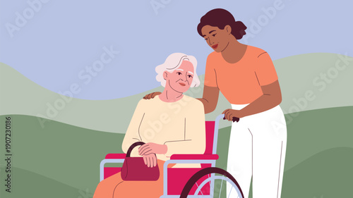 Caregiver supporting elderly woman in wheelchair outdoors, illustrating senior care, compassion, disability assistance, healthcare support, dignity, trust and elderly wellbeing concept 