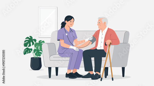 Professional caregiver assisting elderly man at home, illustrating senior care, home healthcare, nursing support, compassion, medical assistance and elderly wellbeing concept 