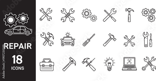 Car Repair and Mechanic Service Line Icon Set – Automotive Maintenance, Garage Tools, and Vehicle Diagnostics Vector Symbols - stock vector.