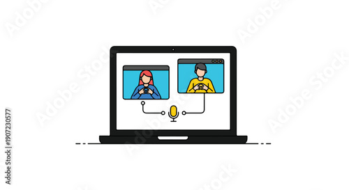 Video conference call on laptop screen, two people communicating online, vector illustration isolated on white