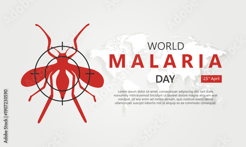 Mosquito silhouette with a target symbol on a world map background, illustrating world malaria day on april 25th and the global struggle for disease eradication and public health