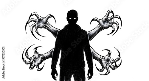 Inner Demons: Silhouette of a man with multiple monster hands emerging from behind, mental health struggle, anxiety and depression, internal conflict, psychological fear and horror concept