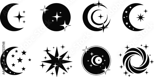 Black and white celestial vector icon set, minimalist line art moon and star symbols, mystical astronomical ornaments for graphic design