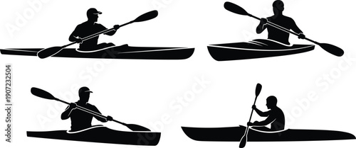 Set of Four Black Kayaking Silhouettes Showing Paddlers in Motion with Double-Bladed Paddles, Representing Outdoor Water Sports and Recreation