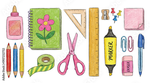 Collection of colorful school office supplies and stationery on white background