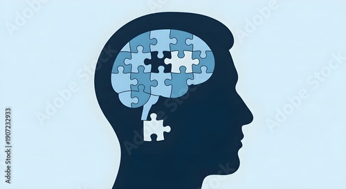 Mental Health Puzzle: Silhouette of human head with brain made of jigsaw pieces, cognitive function, psychology and memory, neurological research and mindfulness concept