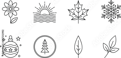 Black and white seasonal vector icon set, minimalist line art nature symbols, sun leaf snowflake flower ornaments, simple graphic design