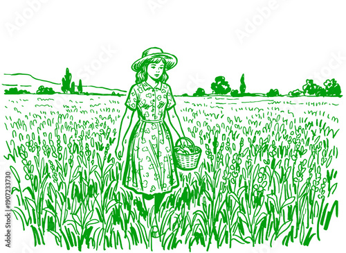 Young woman walking through blooming summer field. Retro illustration style. Farm girl collecting harvest. Vintage agricultural landscape line art.