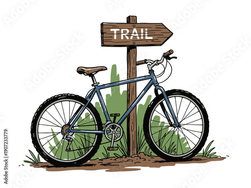 Hand drawn mountain bike illustration. Trail sign post graphic. Retro cycling adventure sketch art. Outdoor sport exploration concept.